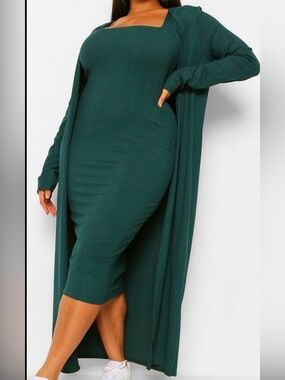 Boohoo Emerald Green Ribbed Scoop Neck Midi Dress & Kimono Set NWT Size 14